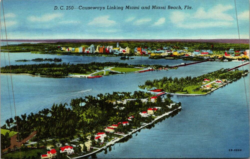 Causeways Linking Miami & Miami Beach FL Vintage Postcard SP17-24